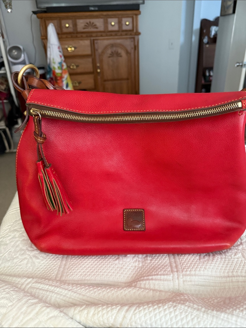 Dooney & Bourke Red Florentine Leather Shoulder Hobo Brown Handle and Tassel